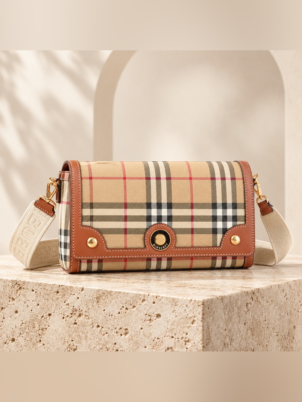 NWT Burberry Note Vintage Check Sand Medium Crossbody Bag